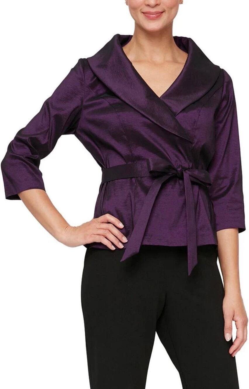 Alex Evenings Small Purple Stretch Taffeta Blouse Tie Waist 3/4 Sleeve Formal